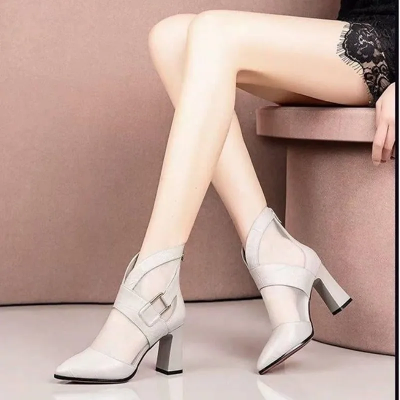 2024 New Thick Heels Woman\'s Boots Pointed Toe Retro British Style Sandals Mesh Fashion Breathable Shoes for Women Spring Summer