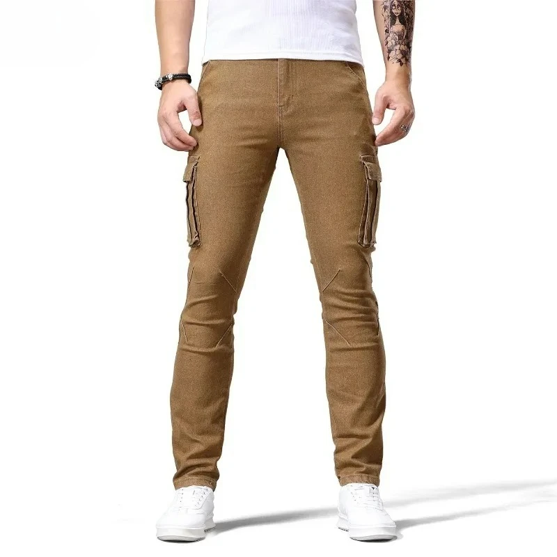 Skinny Elastic Cargo Jeans Men's Large Pocket Fashion Slim Fit Hip Hop Biker Denim Long Pants Male Trousers Casual Pencil Jeans