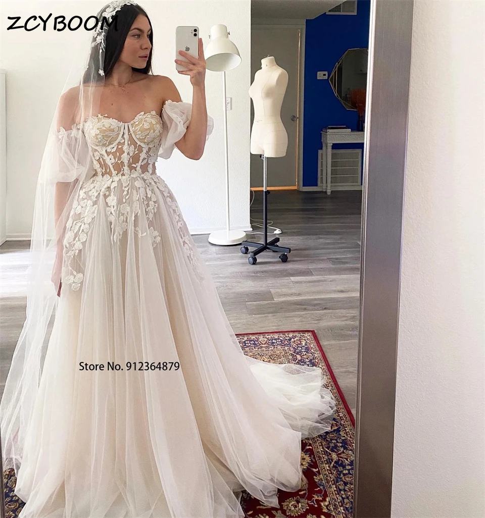 

Customized Sweetheart Neck off Shoulder Tulle Appliques Wedding Dresses For Women 2025 Court Train Bridal Gowns Vestido De Noiva