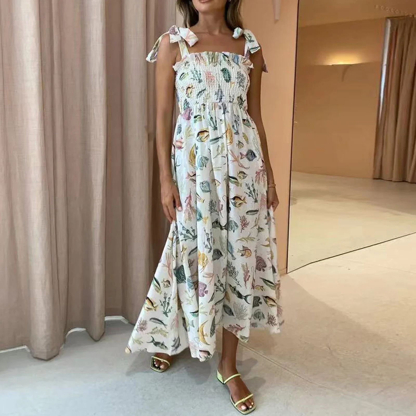 

Women Tie Shoulder Graphic Boho Maxi Dress Sleeveless Flowy Tiered A Line Dress Summer Vocation Graffiti Sundress