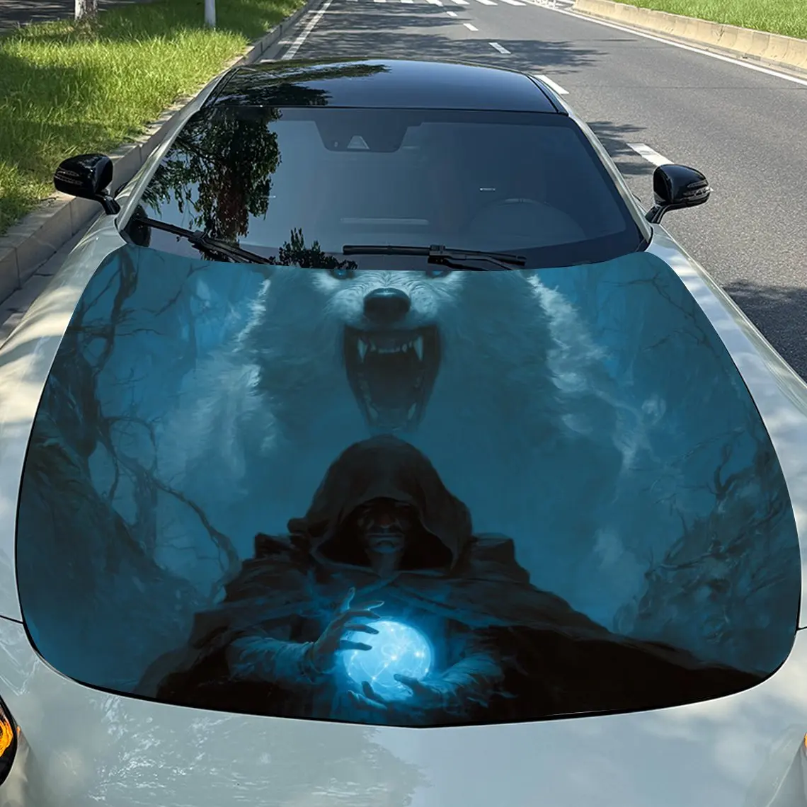 شخصيات غامضة بغطاء للرأس وملصق غطاء محرك السيارة الذئاب، طبقة غطاء حماية شخصية محرك PVC متينة، سهلة التركيب وات #1