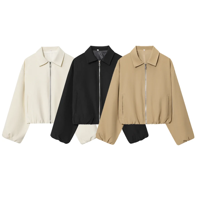 HXAO Fashion Ladies Cropped Zip Coat Women's Bomber Jacket Autumn 2026 Lapel Collar Puff Loose Long Sleeve Outerwear Chic Jacket