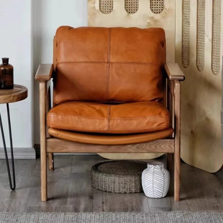 Nordic solid wood casual single sofa chair retro home balcony simple designer lazy backrest leather chair