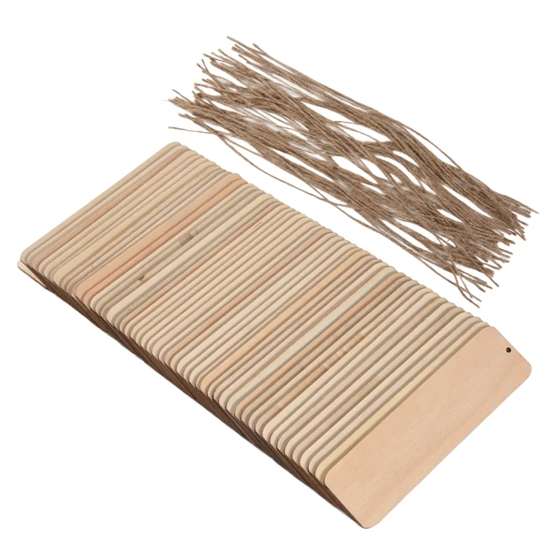 A19E-50 PCS Wood Blank Bookmarks Unfinished Wooden Book Marks Hanging Tag With Holes And Ropes DIY Craft Projects