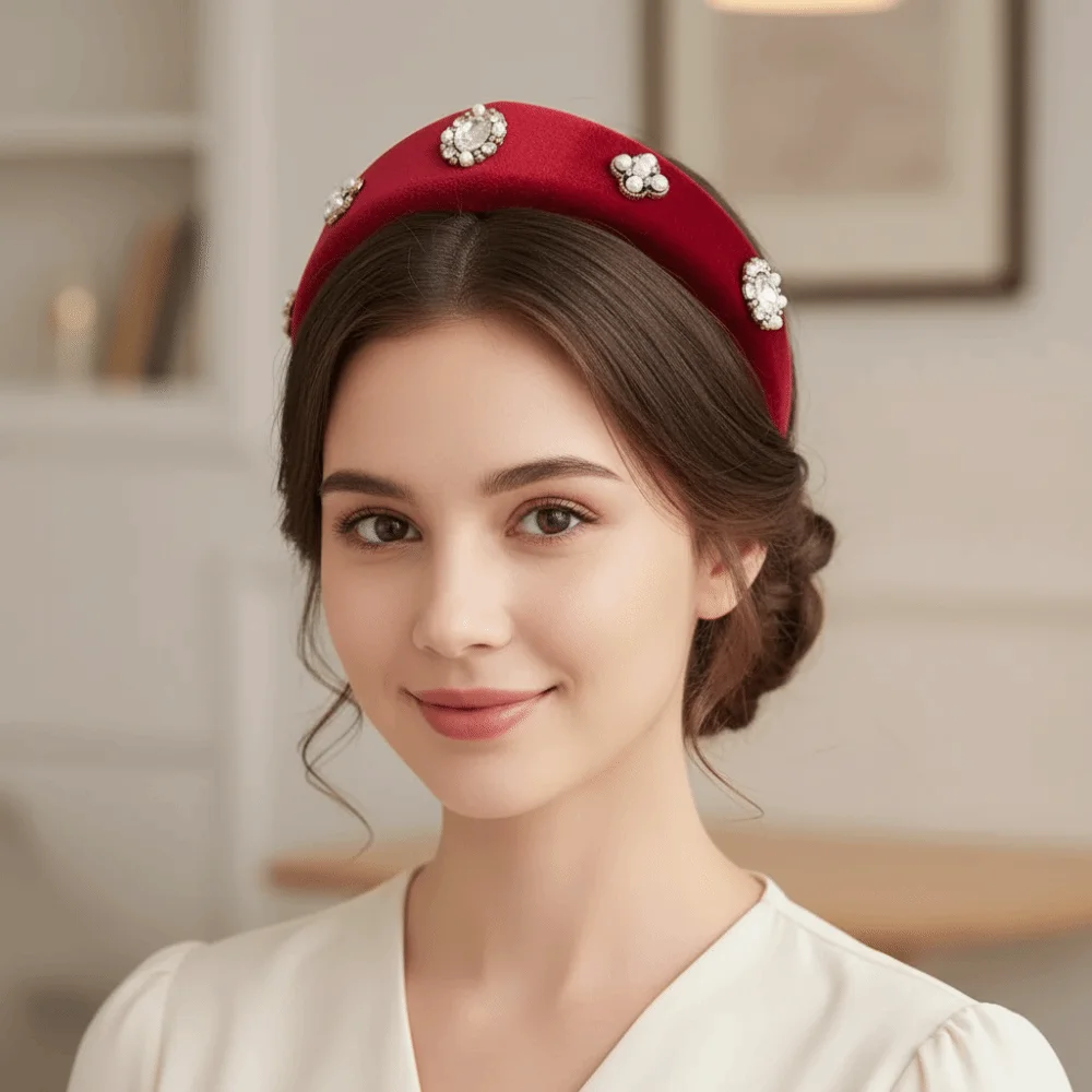 

Elegant Velvet Triangle Headband British Wide Edge Rhinestone Pearls Hairband European American Style Classical