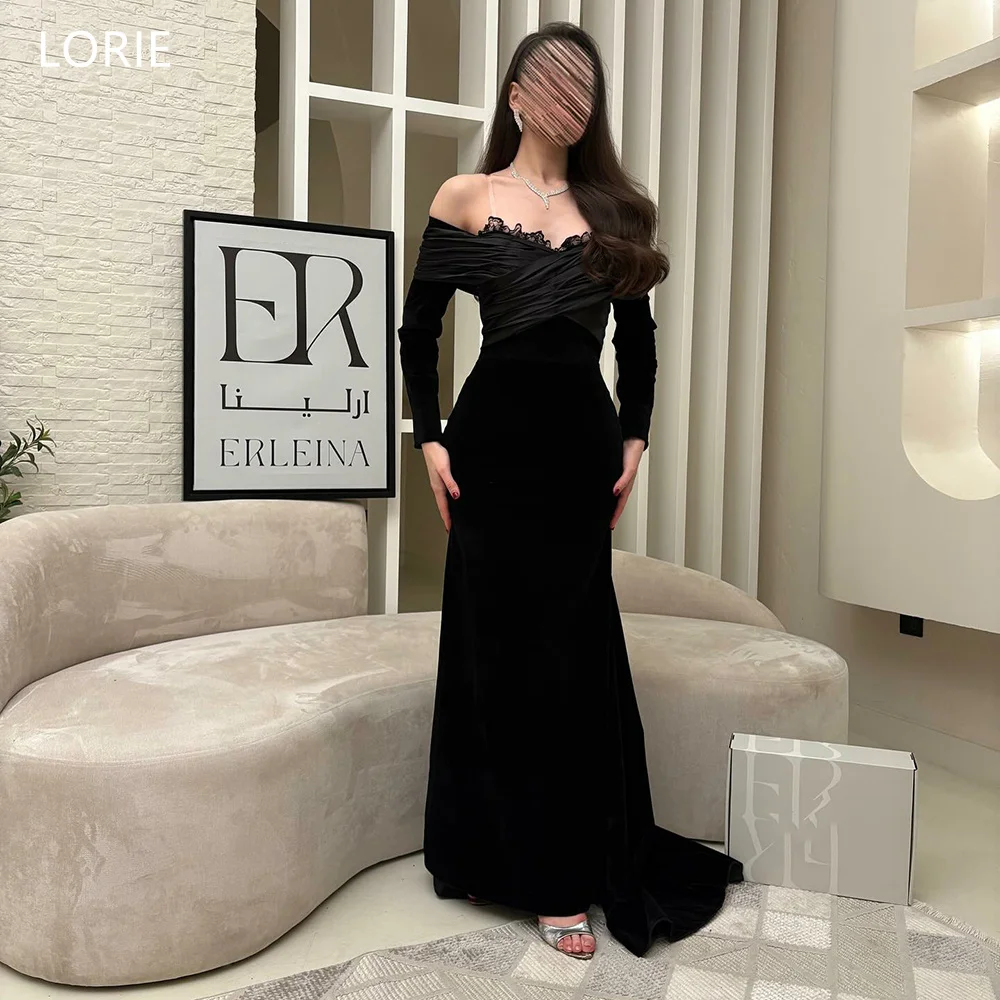 

LORIE Elegant Black Party Dresses Lace Pleats Off The Shoulder Full Sleeves Evening Prom Dress Mermaid Prom Gowns Customized