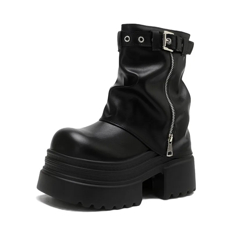 Women's Platform High Heels Boots Designer Leather Shoes New Winter Zip Chelsea Short Boots Trend Motorcycle Boots Woman Pumps