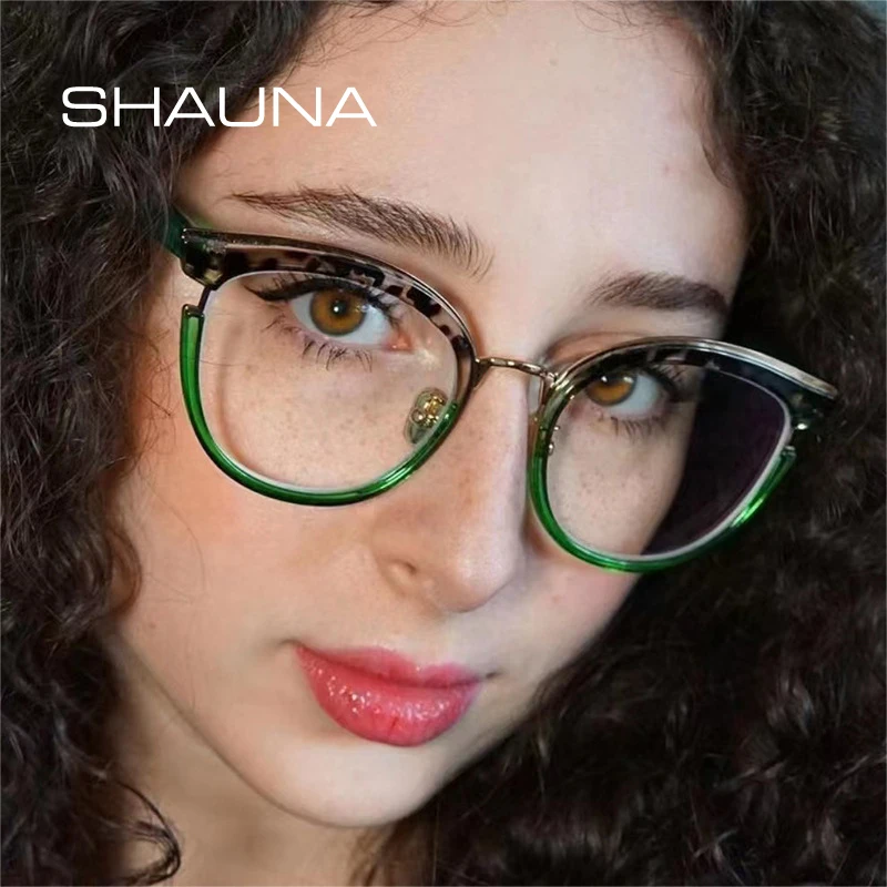 

SHAUNA Retro Round Women Spring Hinge Glasses Frame Fashion Clear Anti Blue Light Eyewear Men Cat Eye Optical Leopard Frame