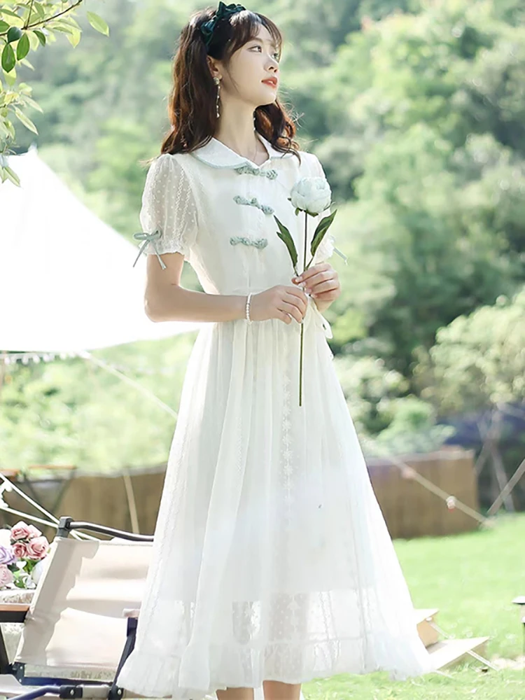 

White Jacquard Bwo Bandage Long Dress for Women Summer Bow Puff Sleeve Doll Collar Dress 2025 Korean Fashion Chic Festival Dress