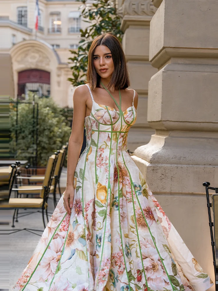 Sexy florales langes Kleid für Damen – Neckholder, Spaghettiträger, rückenfrei, A-Linie, lange Kleider für Frauen, Sommer 2026, Strandkleider für den Urlaub