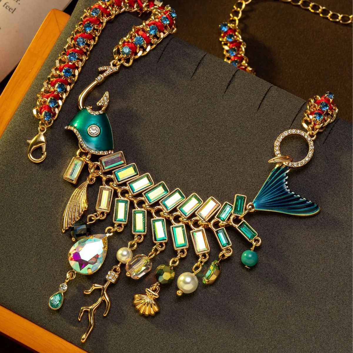 vintage crystal fishbone tassel colorful necklace shell fishhook light luxury style trendy sweater chain for women