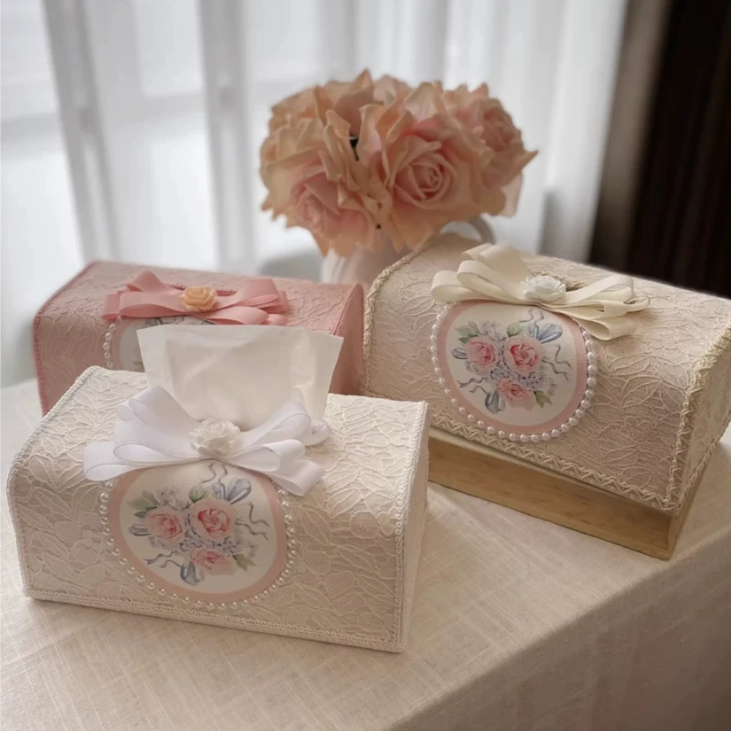 

Vintage Embroidery Lace French Fabric Tissue Box Handmade Pearl Drawing Carton Tissue Boxes Napkin Holder حامل مناديل تواليت