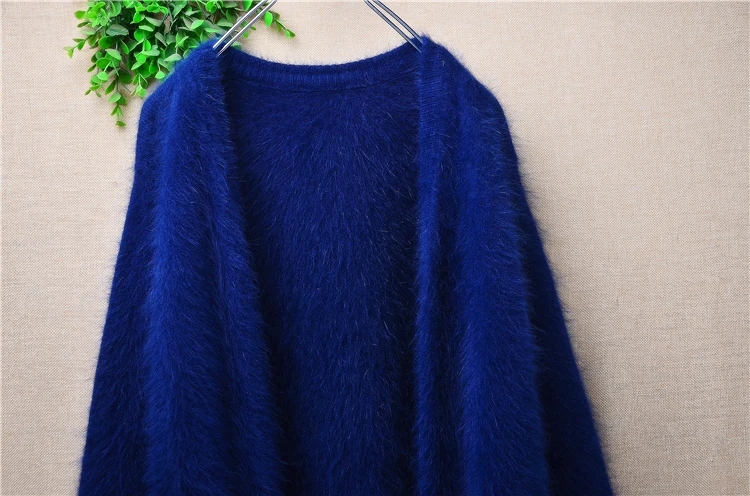 Women Mujer Autumn Winter Clothing Blue Hairy Mink Cashmere Knitted Long Sleeves Slim Cardigans Mantle Angora Fur Sweater Jacket