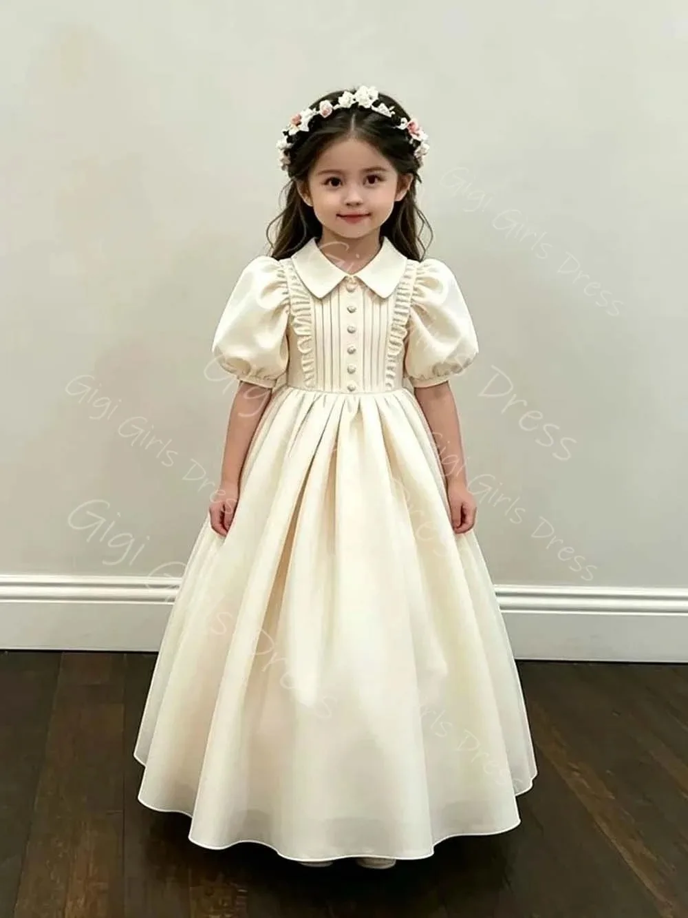 Flower Girl Dress for Wedding Party Toddlers High Neck Balloon Sleeves Ball Gown Pleated Satin First Communion Dress Custom image 4