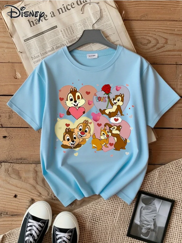 

Женская футболка с винтажным принтом Disney Chip and Dale, мягкая и дышащая хлопковая рубашка в форме сердца с белкой, хлопковая рубашка с коротким рукавом