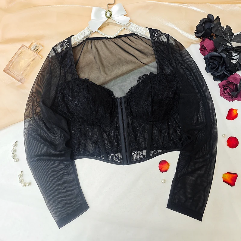 

Women See-through Long Sleeve Sheer Blouse Lace Mesh Spicy New Style Full Sleeve Square Collar Sexy Female Lingerie
