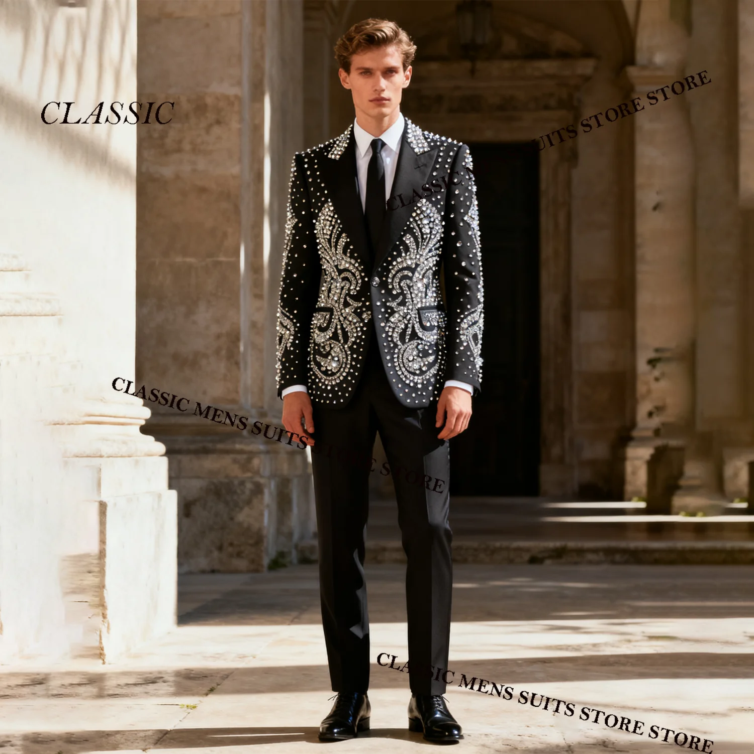

Customized Sparkly Rhinestone Crystals Men Suits Groom Tuxedos Wedding Male Party 2 Pieces Sets Blazer Peaked Lapel Ropa Hombre