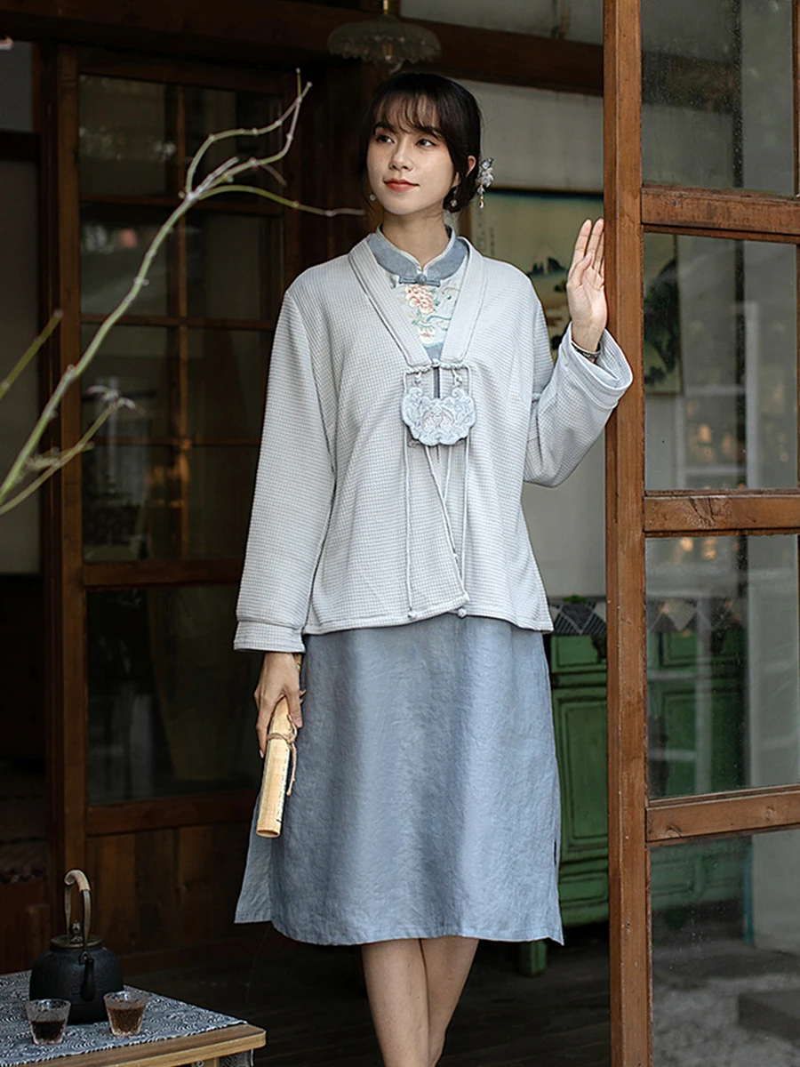 

Versatile Cotton Knitted Open Cardigan ort Svel Retro Sle Chinese Women's Tea Costume Button Detail Loose Fit Outer...