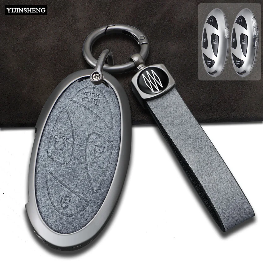 金属と革の車のキーケース,5, 7ボタン,フォブスキンホルダー,ヒュンダイ,コナ,ev,ランドール,gn7,ioniq,6, 2023, 2024リモコン