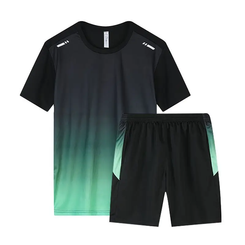 Two Piece Summer Men Clothing Loose Sports Sets Quick Dry O-Neck Short Sleeve T-shirt Elastic Waist Pocket Casual Shorts Suit