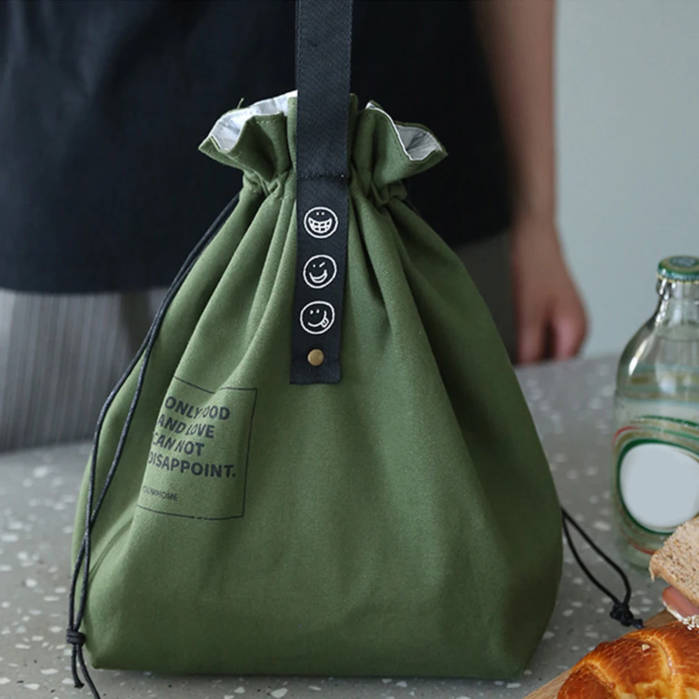 Canvas Drawstring Lunch Bag with Handle Portable Insulated Handbag Multifunctional Camping Food Container Work Picnic Travel Bag