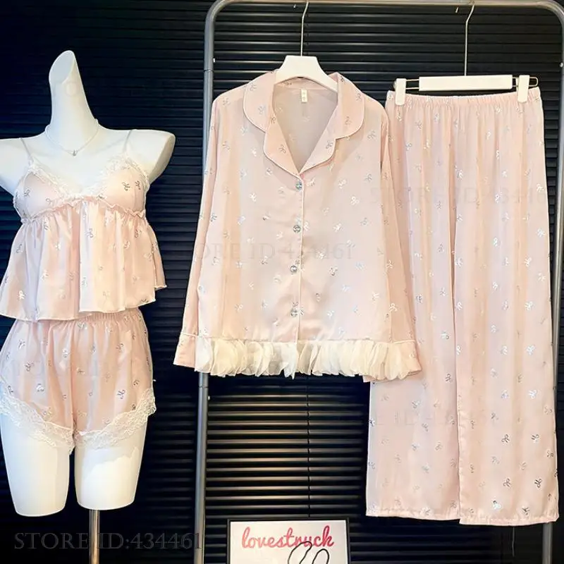

New Women Pajamas Four Piece Suit Sweet Young Girl Sleepwear Loungewear Lingerie Spring Summer New Ice Silk Trouser Pijamas Suit