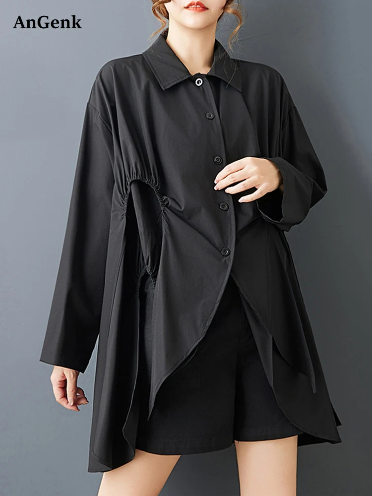 Chemise asymétrique noire Vintage pour femmes, manches longues, ample, décontractée, haut à la mode, vêtements de personnalité, printemps automne 2025