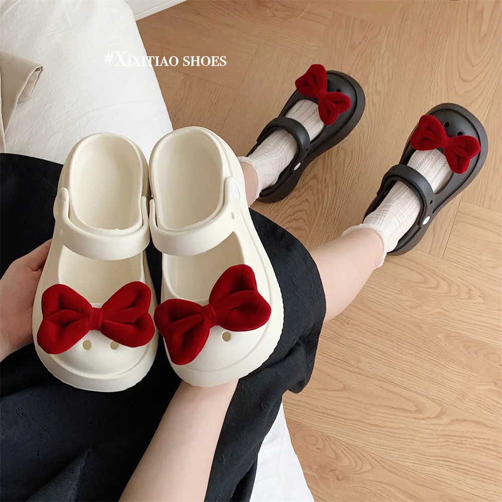 Sweet Cute Bowknot Mary Jane Hole Shoes Women\'s Garden Shoes DIY Hollow Out Slipper Summer Wearing Sandals Cosplay