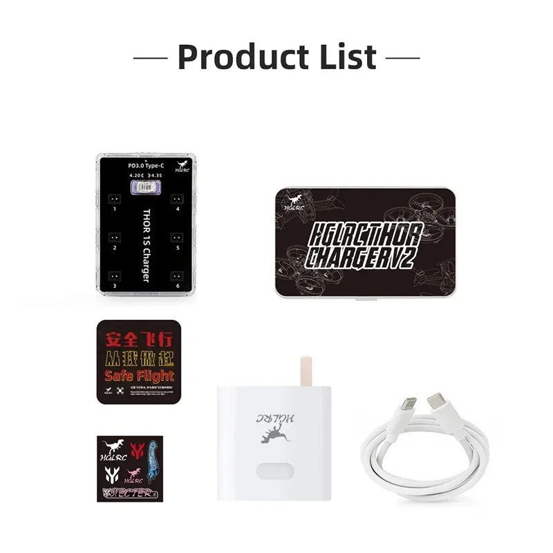 HGLRC Thor 1S Charger V2 - 6-Port 65W Max 4.2V/4.35V LiPo LiHv Battery Charger for PH2.0 MX2.0 A30 BT2.0 Plugs FPV Accessory