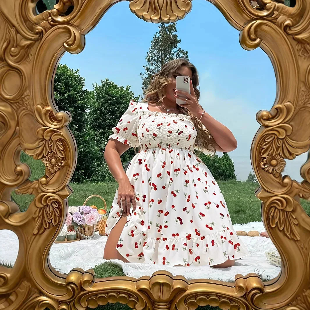 2025 Summer Women's Plus Size Dresses Fashion Cherry Print Short Sleeve Midi Dress Summer Casual A-line Dress - Image 2