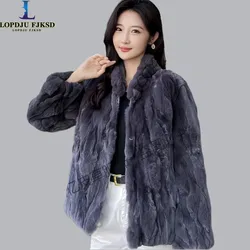 Real Rex Rabbit Fur Coat for Women,Single Breasted Jacket, Thick Warm Clothes,O-Neck,Autumn and Winter