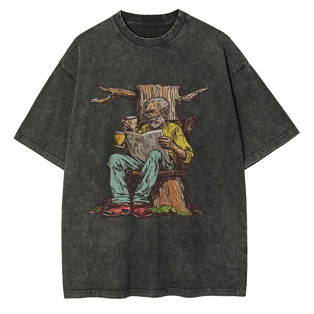 

Heavy Cotton Washed T Shirt Senior Man Reading Newspaper and Drinking Coffee Printed Graphic T Shirts Vintage Oversized T Shirt