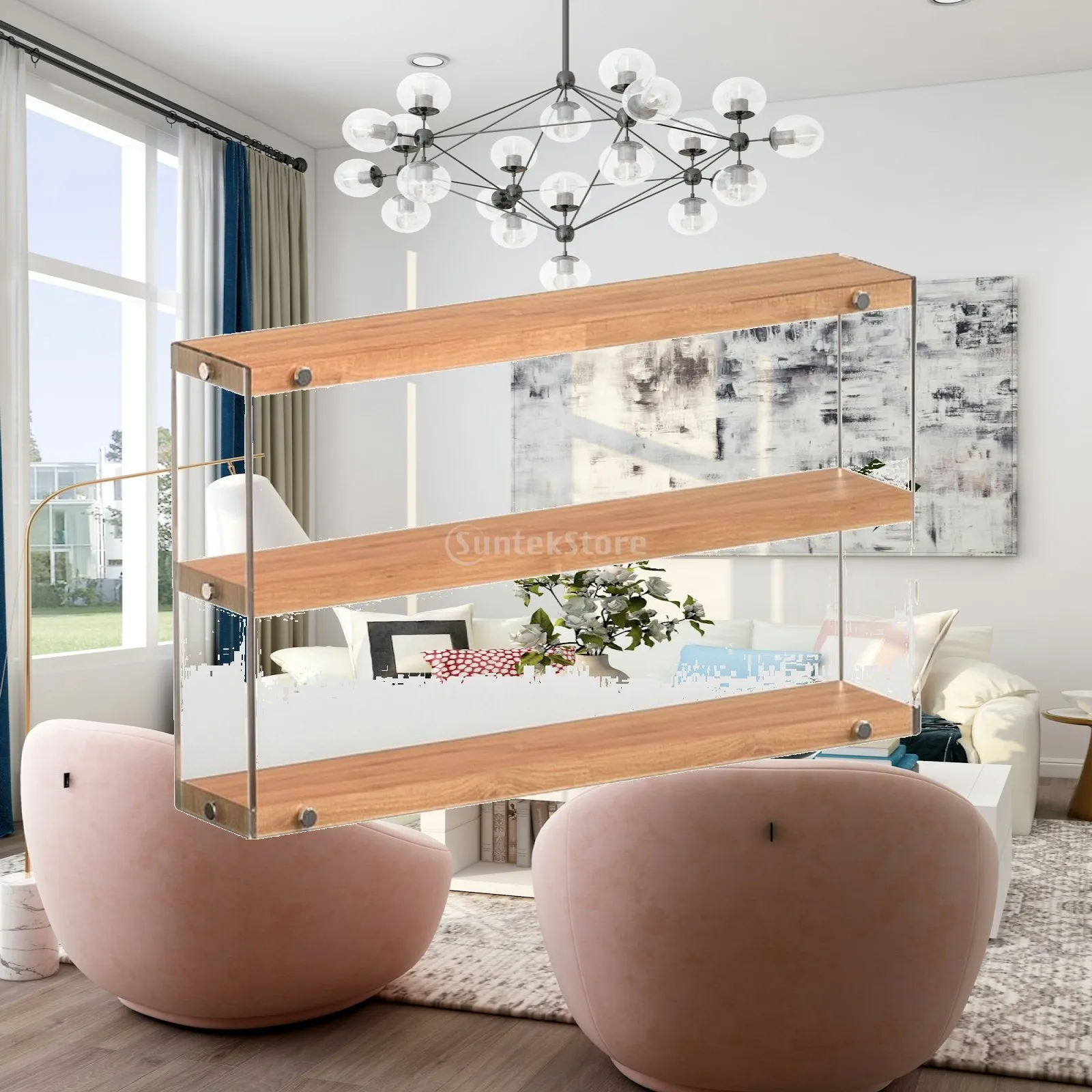 Modern Acrylic Display Cabinet with Wood Shelving for Surprise Box Figures Desk Storage Showcase Case Clear Protective Box