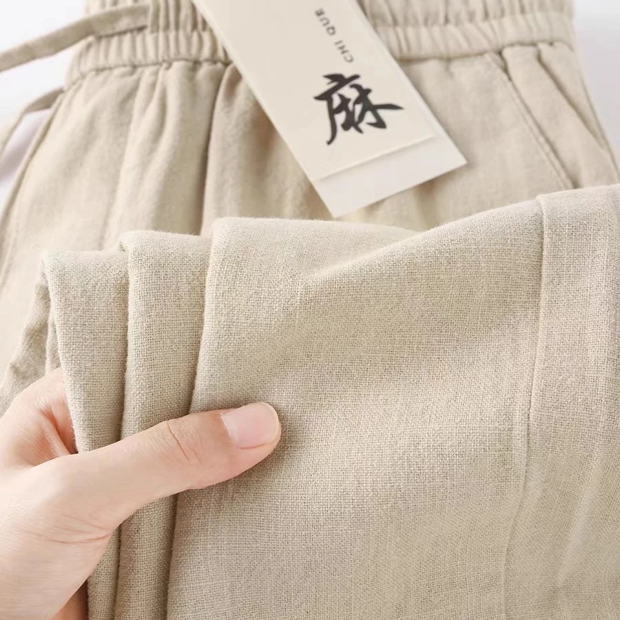 

Retro Cotton Linen Double Pleat Straight American Casual Pants Loose Breathable Drape Elastic Waist Japanese Style Long Men's...