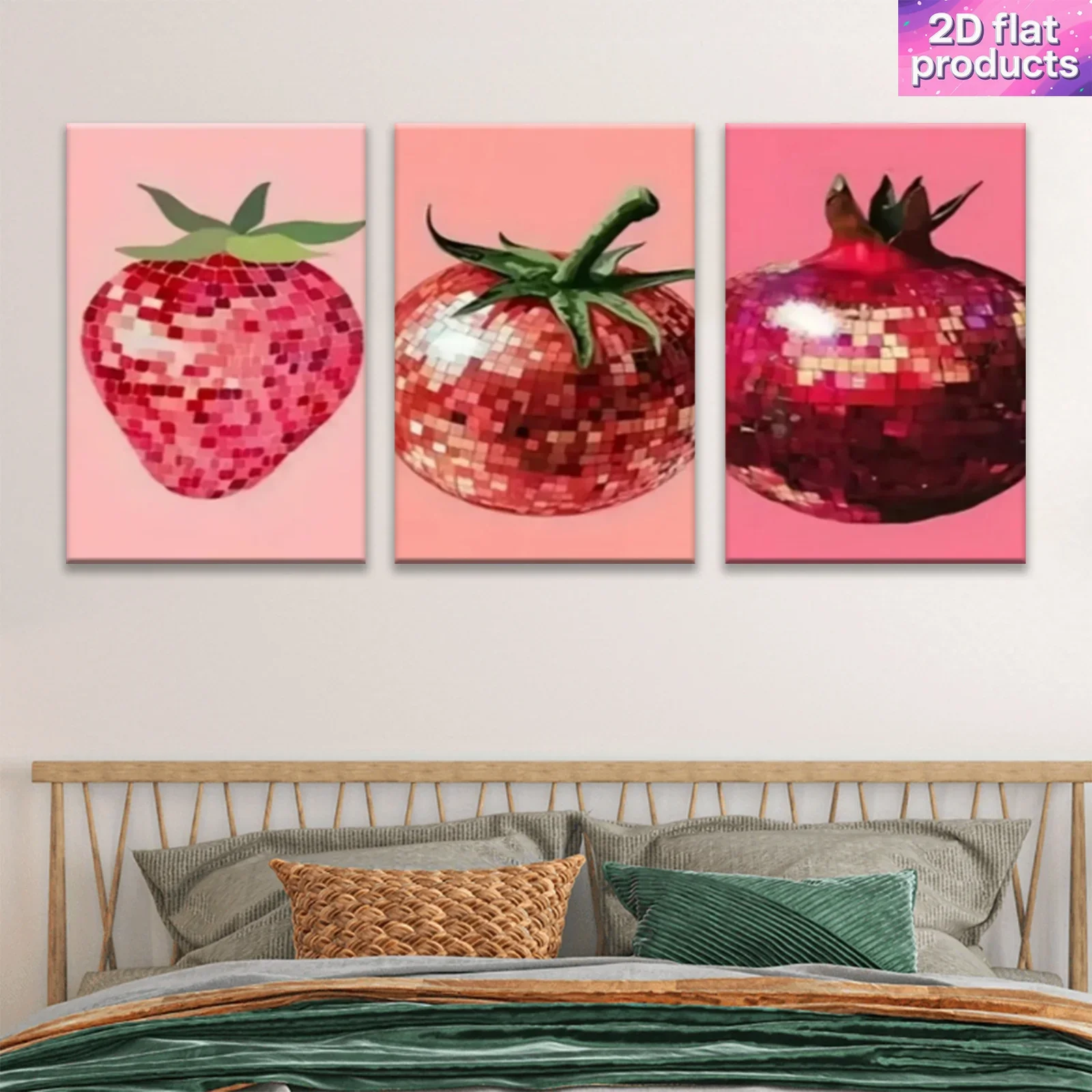 2D Flat, 3pcs/set Sparkling Mosaic Fruit - Strawberry Tomato Pomegranate Canvas Paintings Suitable for / Decor, Modern Suitab