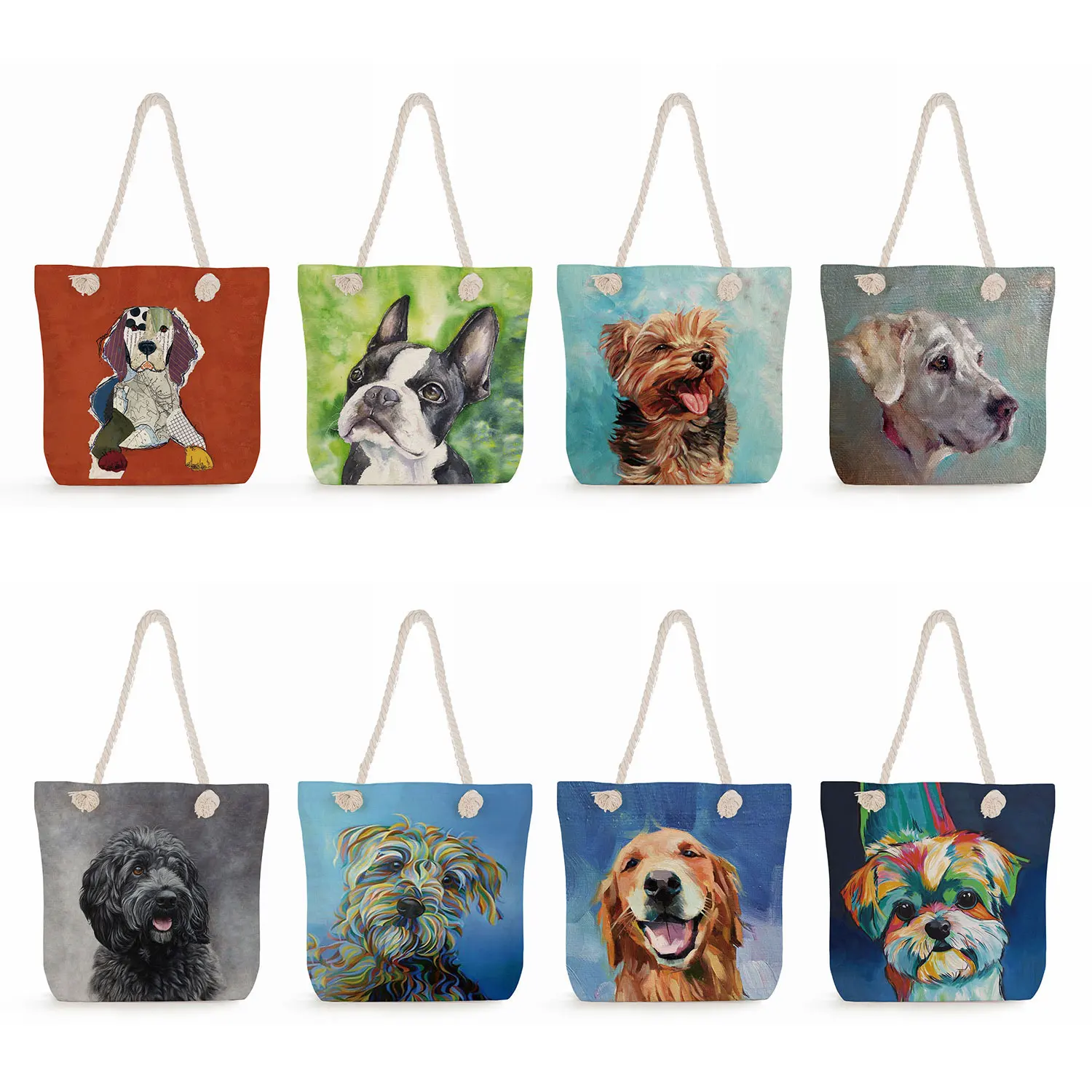 Casual Oil Painting Dog Print Shopping Bags for Groceries Papillon Pug Retriever Print Women Handbag Shoulder Large Capacity