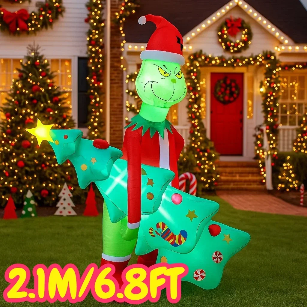 2.1M/6.8FT Kerstversiering Opblaasbaar Speelgoed Grinch Holding Kerstbomen Thuis Yard LED Licht Decor Kerstfeest speelgoed