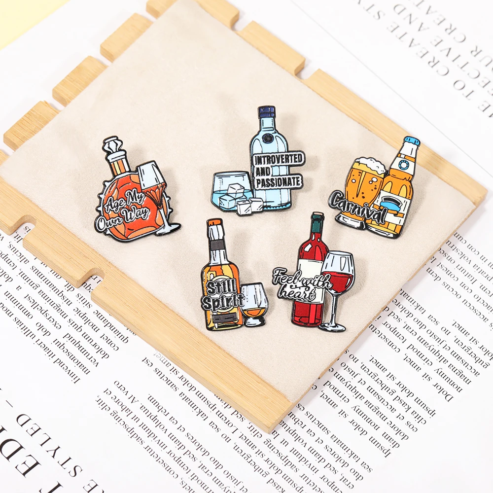 Funny Wine and Glass Design Enamel Brooches Classic Carnival Celebration Metal Pins Backpack Bag Badge