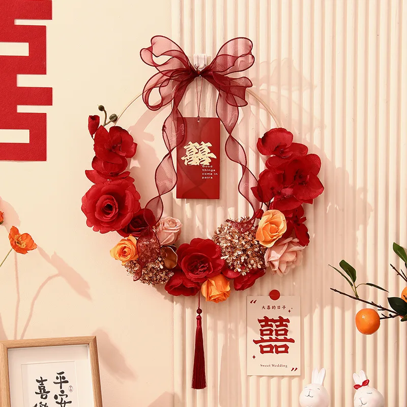 

Wedding Decor Bridal Suite Ornaments 3D Xizi Character Wedding Living Room Backdrop Double Happiness Character Wreath