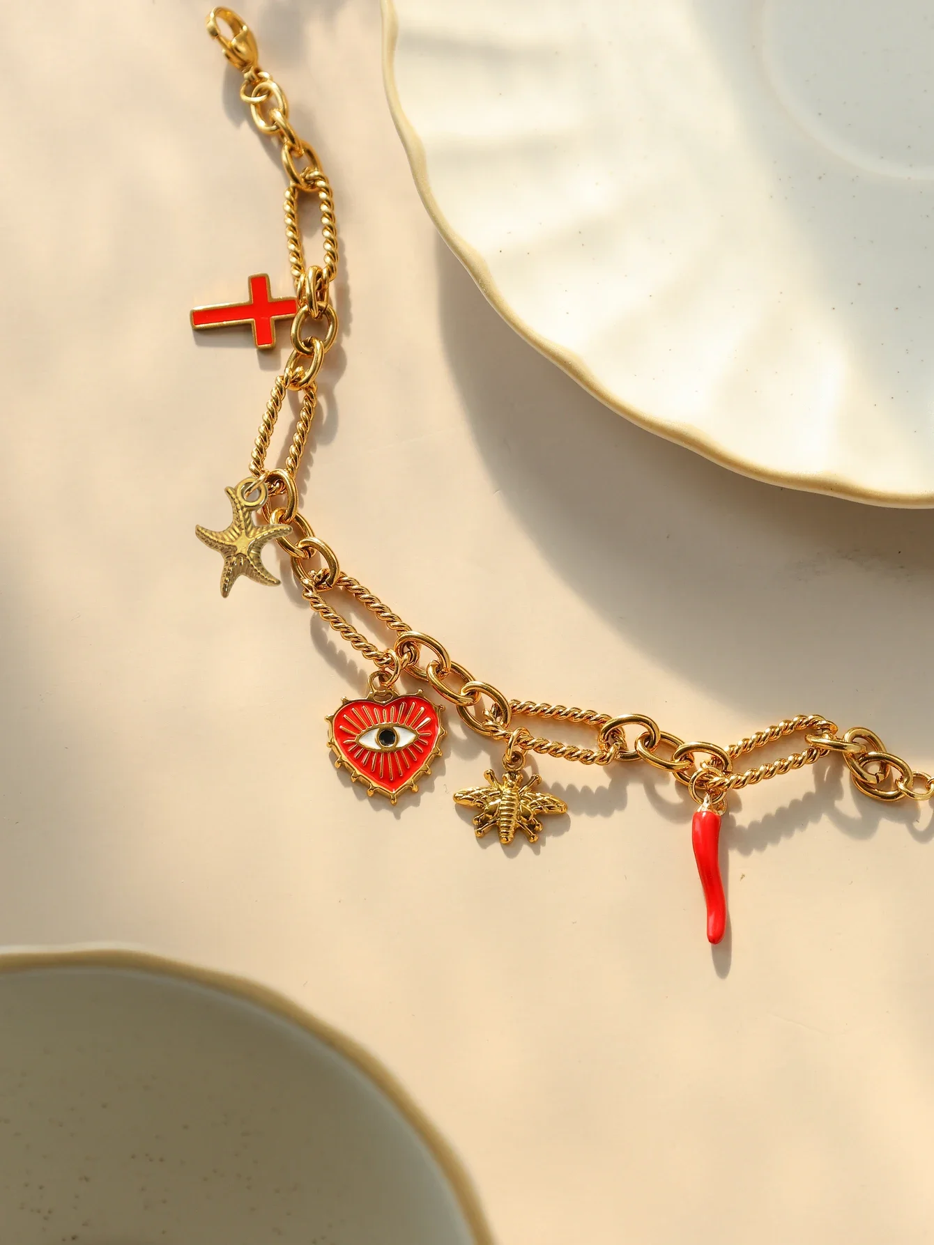 Stainless steel eyes, starfish, bee, cross, pepper charm thread stitching bracelet Women\'s vintage charm wrist jewelry party