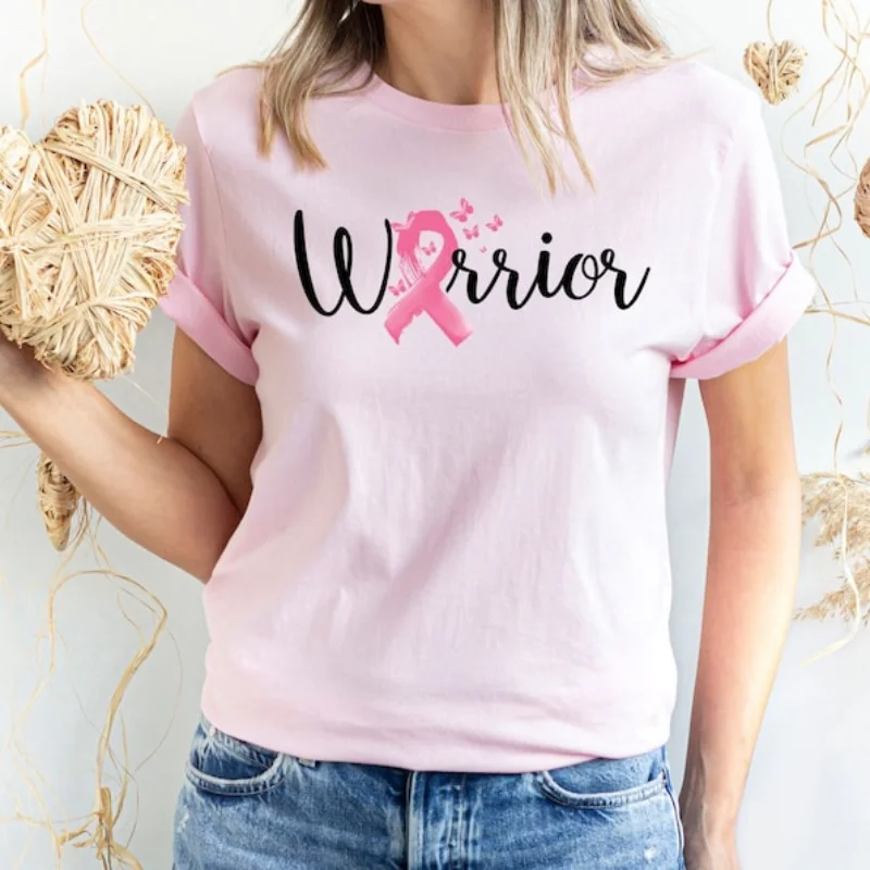 Cancer Awareness T-Shirt Pink Ribbon Shirt Breast Cancer Shirt Cancer Warrior T-Shirt Y2k Clothes Aesthetic Women Cotton Clothes