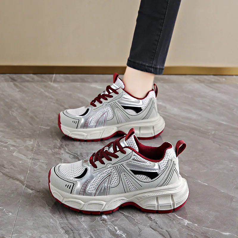 2026 Chunky Sneakers Women Mesh Leather Platform Shoes Mixed Colors Lace-Up Lady Trendy Trainers Thick Sole Handmade - view 4