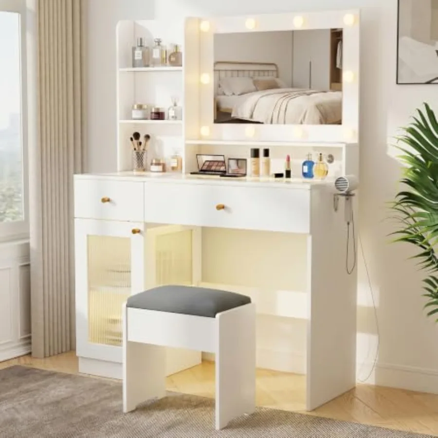 White makeup vanity desk for bedroom: MDF dressing table with LED mirror and 2 smooth-gliding drawers, modern minimalist design