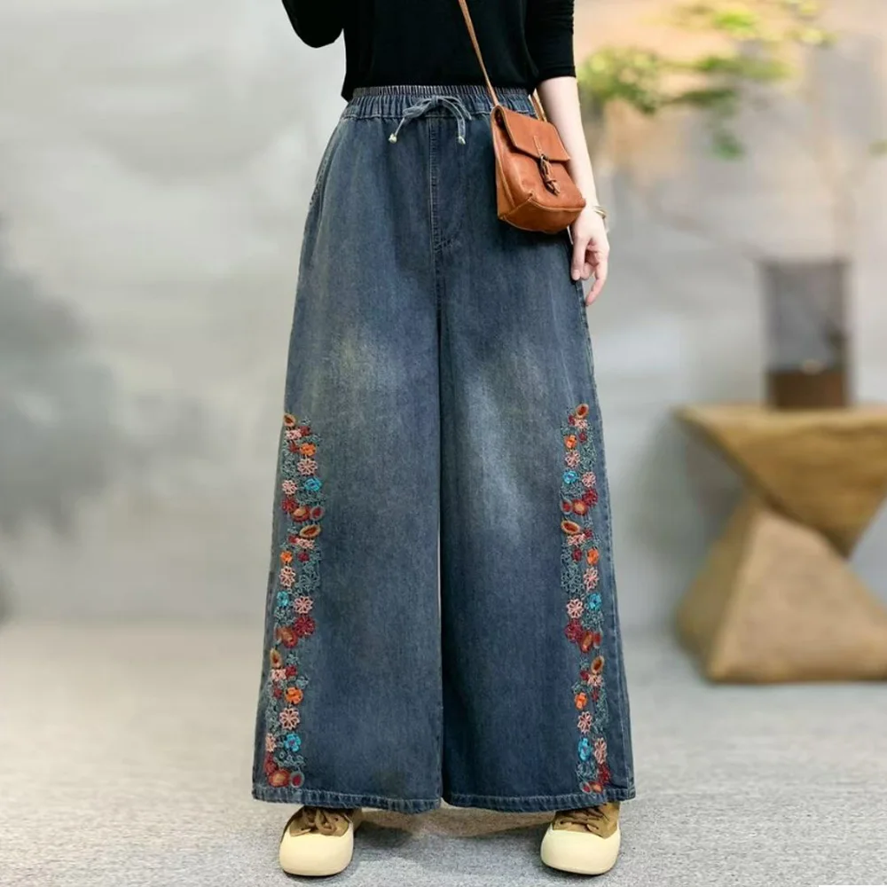 

2026 Spring Japanese Mori Girl Vintage Floral Embroidery Denim Wide Leg Pants Women Elastic Waist Casual Loose Straight Jeans