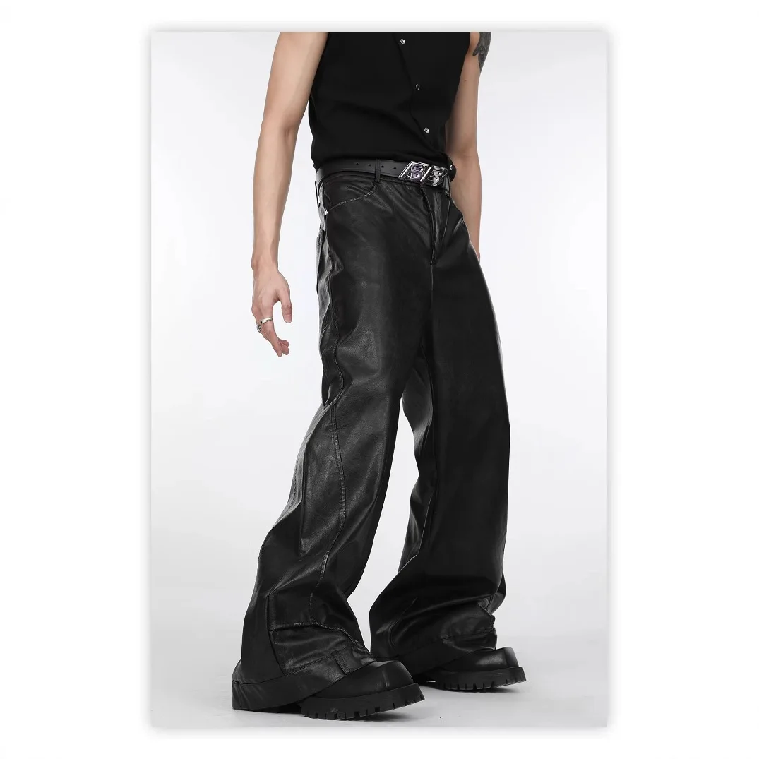 Trousers Distressed Long Pant Balck Leather Pants Loose Casual Solid Simple All-matching Cool Personality Man Korean