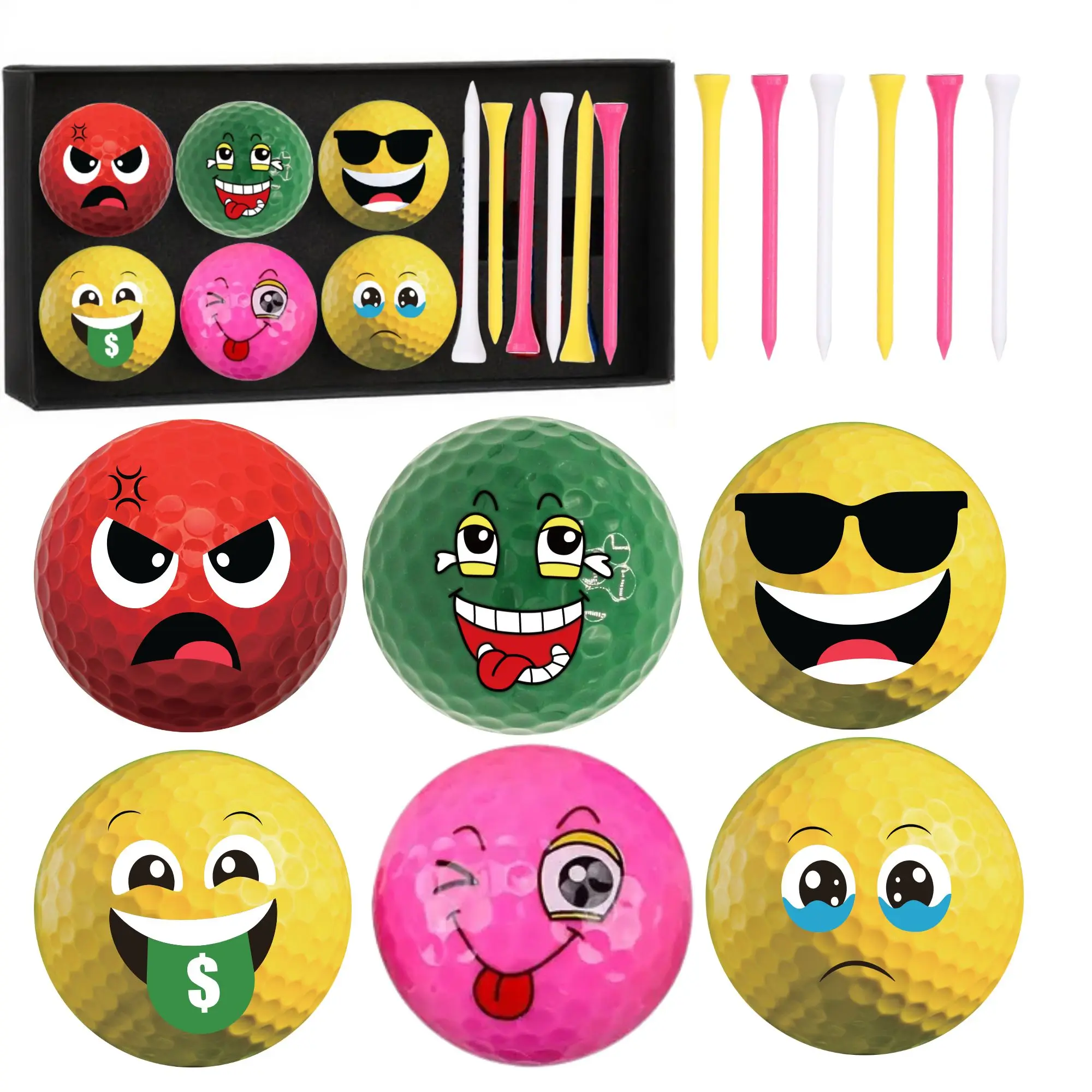 

13 шт., 6 упаковок, забавные мячи для гольфа, эмоциональное лицо, новинка, мячи для гольфа с 6 футболками и подарочной коробкой, забавные аксессуары для практики