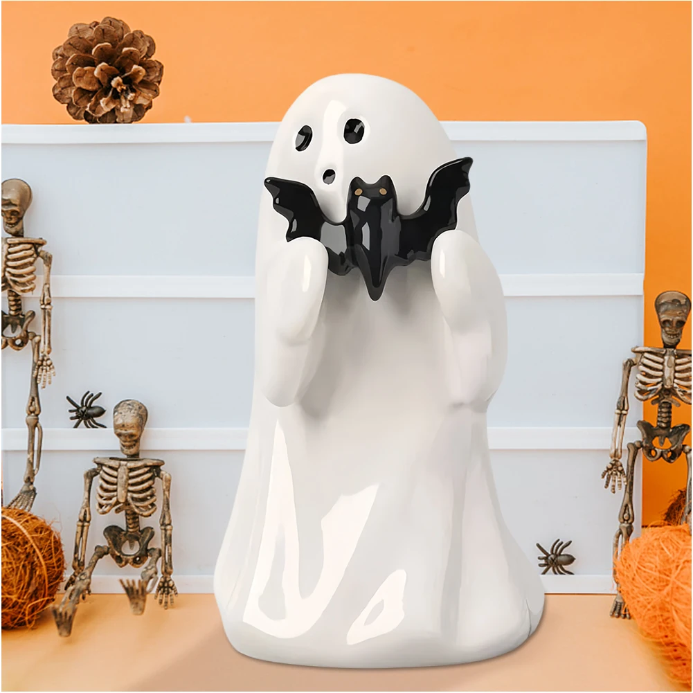 Cute Ghost Hold Bat Statue Spooky Resin Ghost Bat Figurine Halloween Standing Ghost Tabletop Decor for Holiday Bar Party