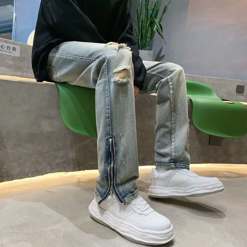 

Jeans for Men with Zipper Slits Straight Kpop Mens Cowboy Pants Slim Fit Broken Holes High Quality Torn Korean Trousers JJ1224