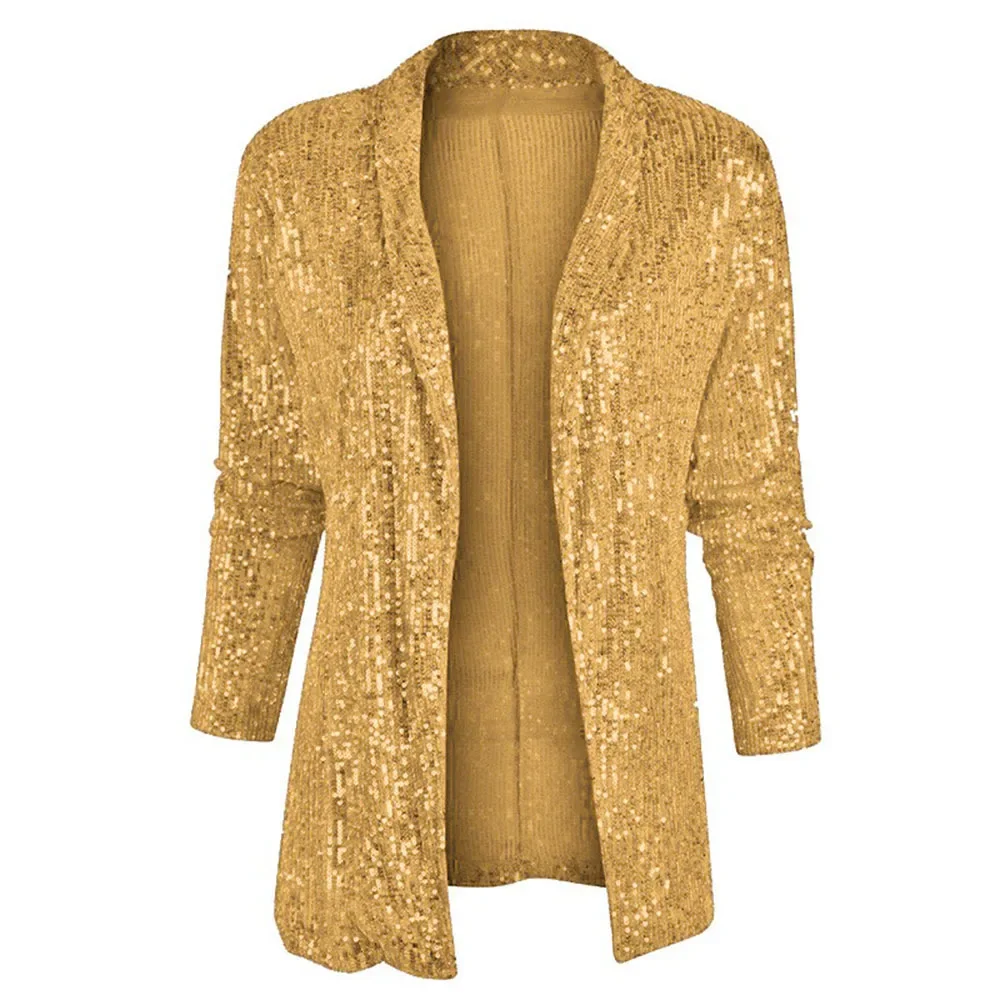 Spring New Sequined Long Sleeve Mid-Length Blazer Jacket Suit Polo Collar Solid Color Coat Women Fashion Sexy Blazers