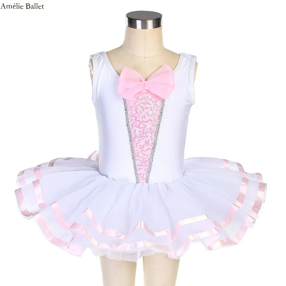 

20148 White Velvet with Pink Sequin Spandex Leotard with Layers of White Tulle and Trim with pink Ribbon for Kids Ballet Dress